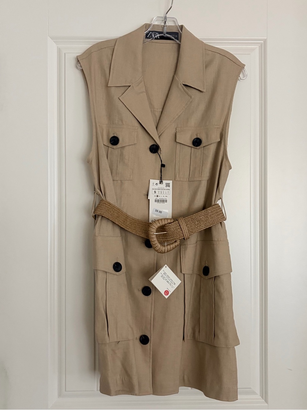 Zara Sleeveless Utility Mini Dress in Tan with Woven Belt